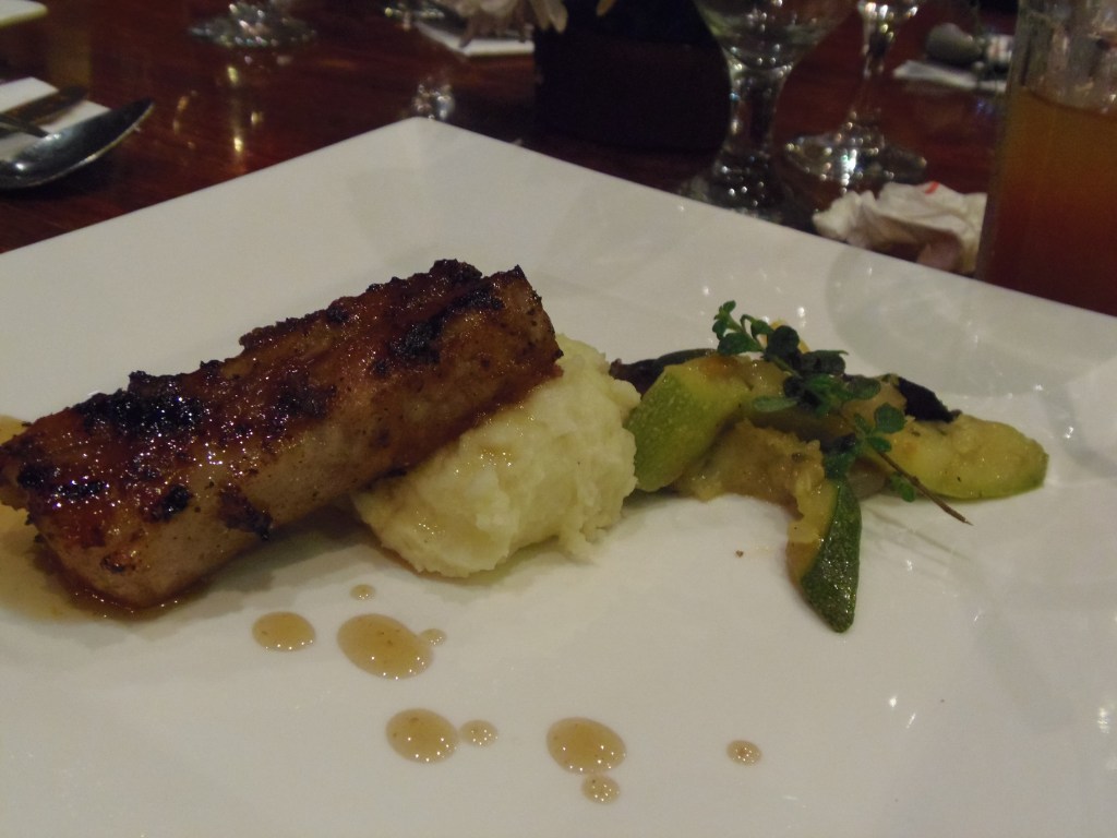 Mapled glazed spare ribs with Cheddar whipped potatoes and roasted vegetables